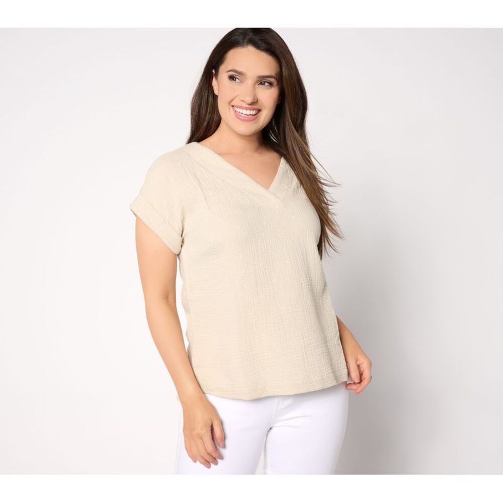 Belle by Kim Gravel Women's Top Sz XS Star Spangled Cotton Gauze Brown A646271